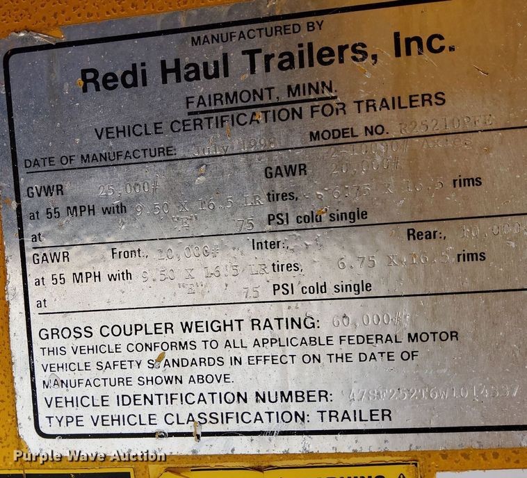 image for item KW9074 1998 Redi Haul R25210PFE  equipment trailer