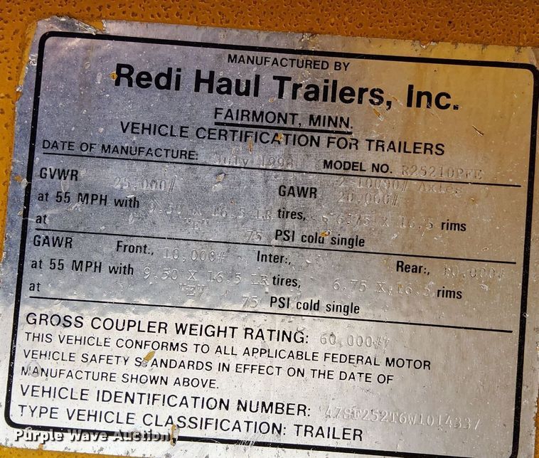 image for item KW9074 1998 Redi Haul R25210PFE  equipment trailer