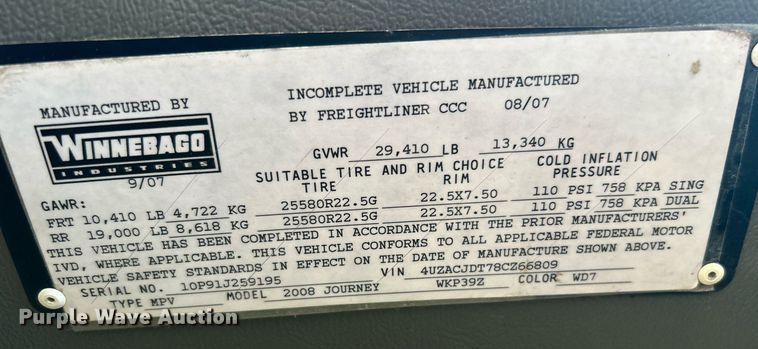 image for item KW9085 2008 Winnebago Journey  RV