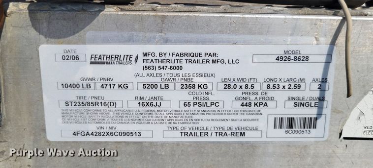 image for item LS9698 2006 Featherlite 4926-8628  enclosed cargo trailer