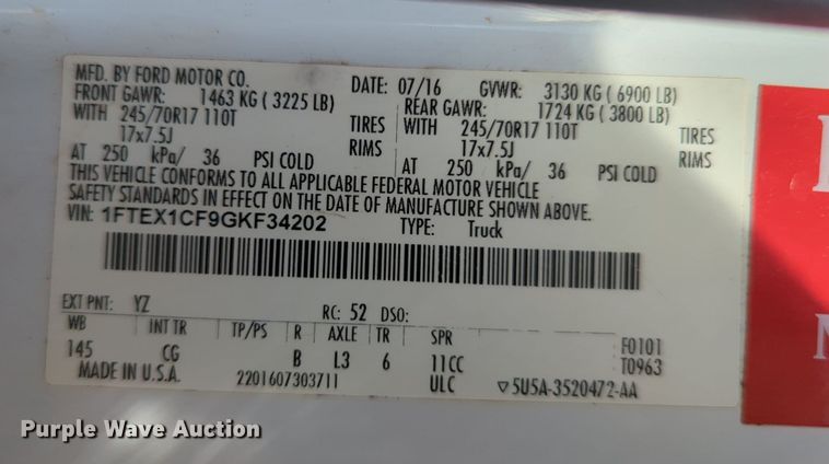 image for item LY9388 2016 Ford F150 SuperCab pickup truck