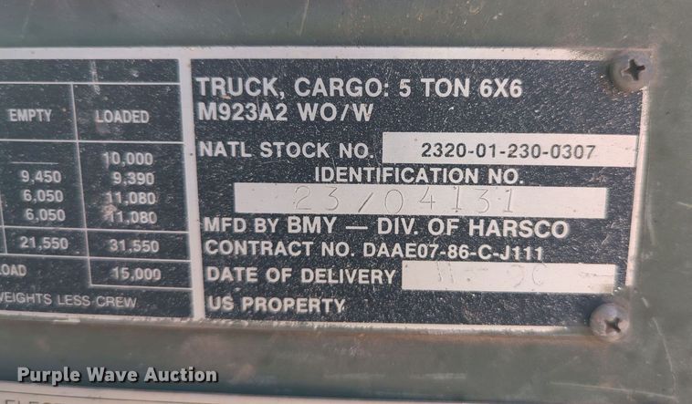 image for item LY9389 1990 BMY M923A2  truck cab and chassis