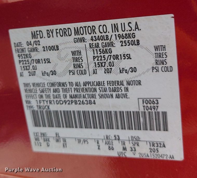 image for item MJ9309 2002 Ford Ranger XLT  pickup truck