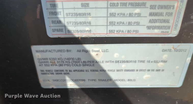 image for item MY9948 2012 All Right Steel  dump trailer