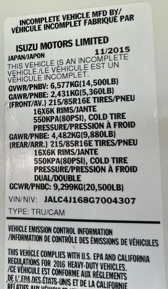 image for item NL9536 2016 Isuzu NPR HD  Crew Cab box truck