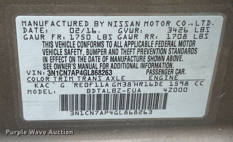 image for item NL9547 2016 Nissan Versa SV
