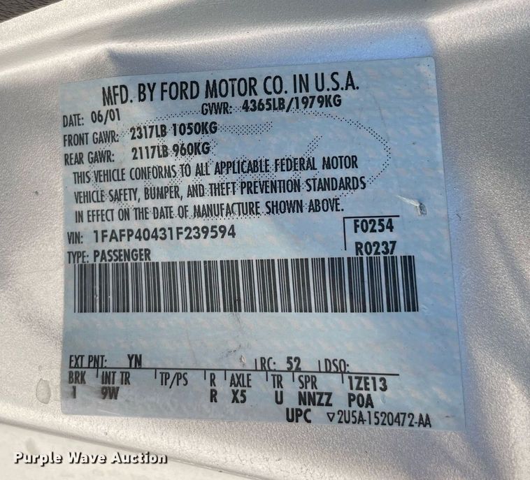 image for item NT9409 2001 Ford Mustang