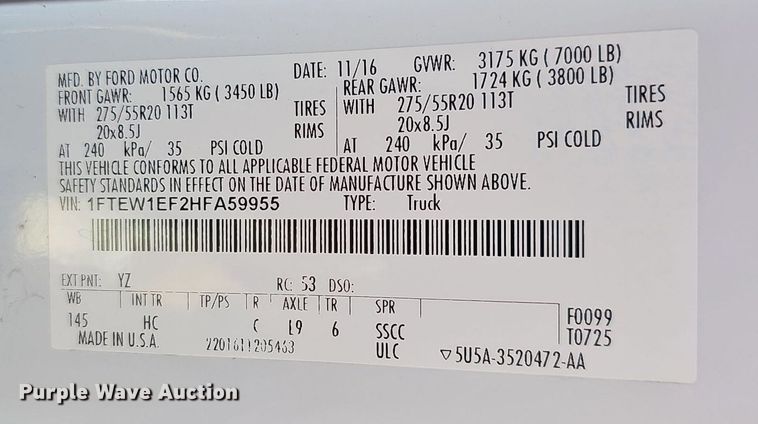 image for item NT9956 2017 Ford F150 Lariat  SuperCrew pickup truck