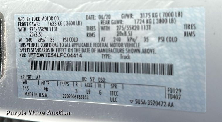 image for item OC9168 2020 Ford F150 Platinum  SuperCrew pickup truck