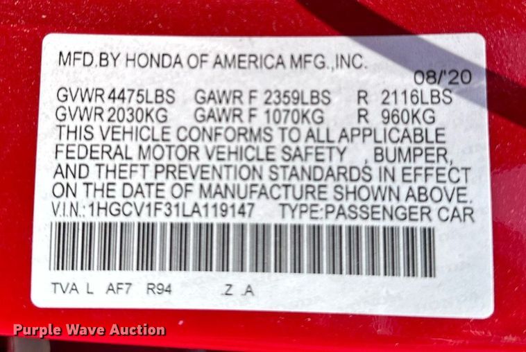 image for item OC9169 2020 Honda Accord Sport