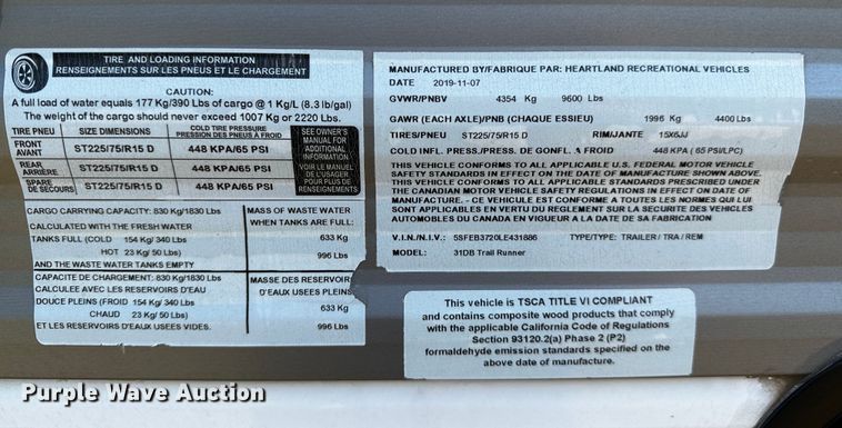 image for item OC9172 2020 Heartland Trail Runner  camper