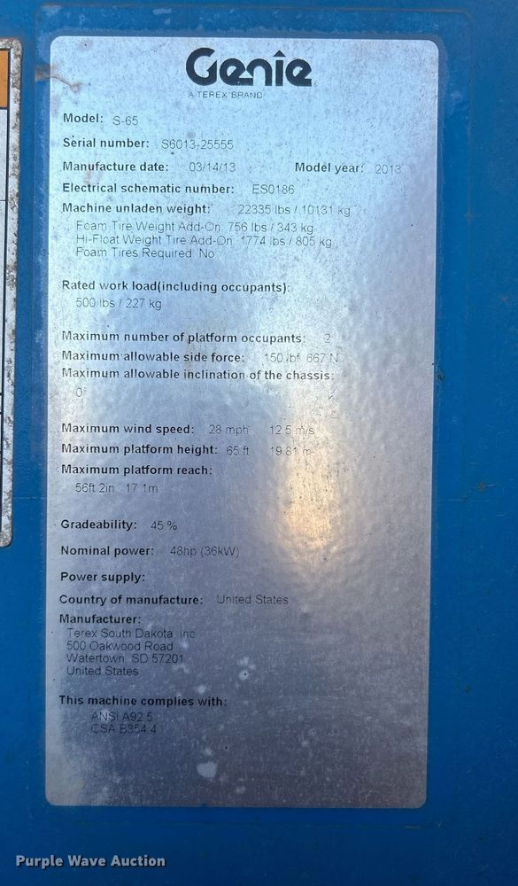 image for item DJ6249 2013 Genie S-65  boom lift