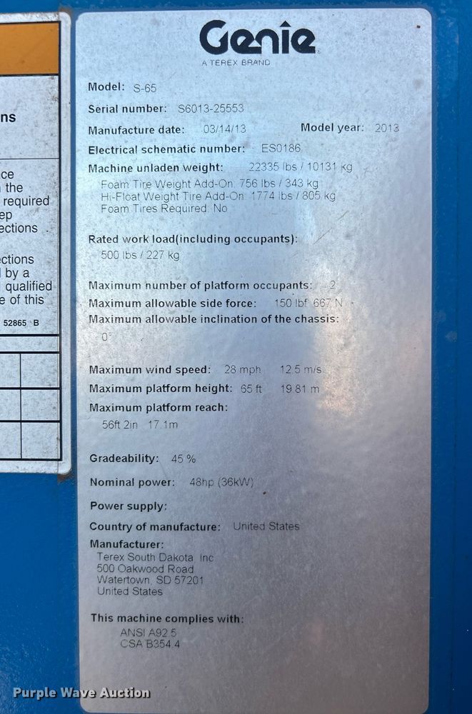 image for item DJ6251 2013 Genie S-65  boom lift