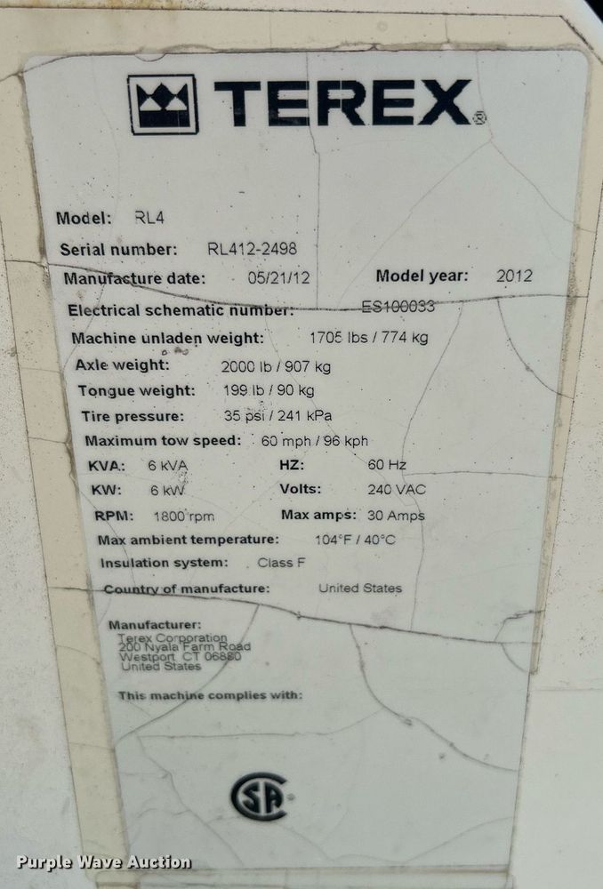 image for item DJ6291 2012 Terex RL4  light plant