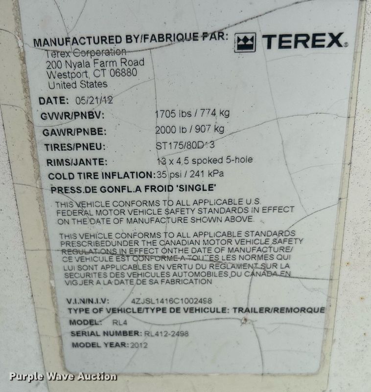 image for item DJ6291 2012 Terex RL4  light plant