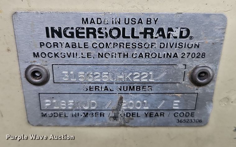 image for item DQ0257 2001 Ingersoll Rand P185 JD  air compressor