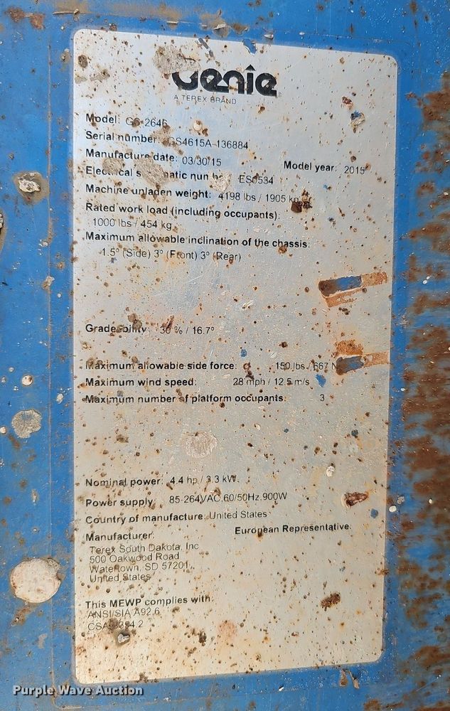 image for item DQ0306 2015 Genie GS-2646  scissor lift