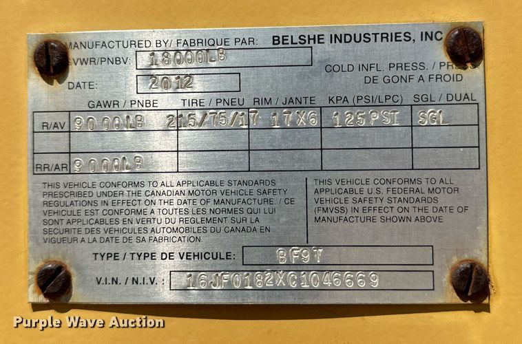 image for item DQ1414 2012 Belshe BF9T  equipment trailer