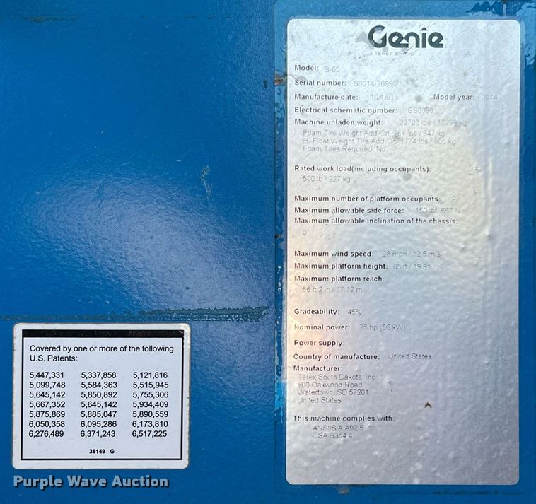 image for item DQ2170 2014 Genie S-65  boom lift