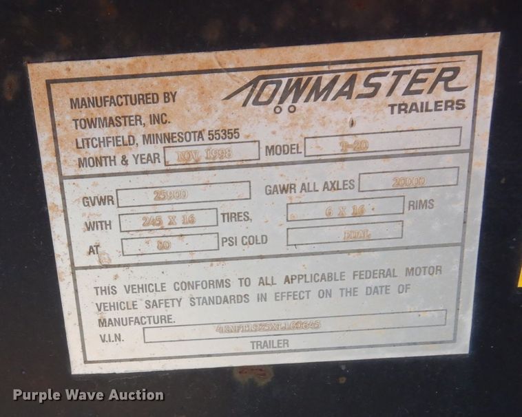 image for item DQ7360 1999 Towmaster T20  equipment trailer