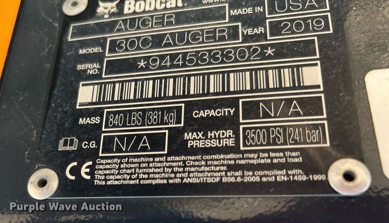 image for item LE9778 2019 Bobcat 30C Auger  skid steer auger