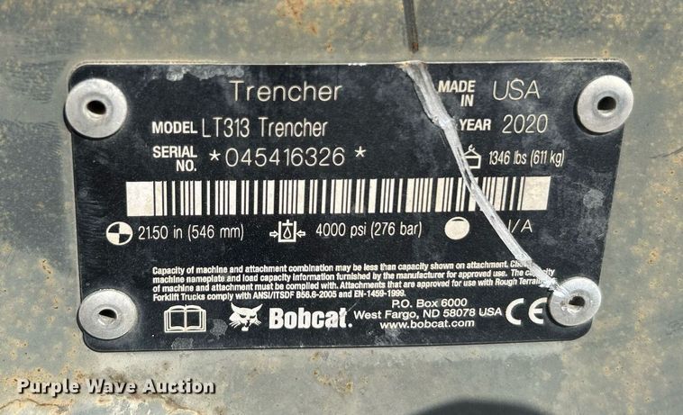 image for item LE9779 2020 Bobcat  LT313 Trencher  skid steer trencher