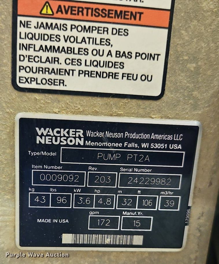image for item LM9121 2015 Wacker Neuson  PT2A trash pump