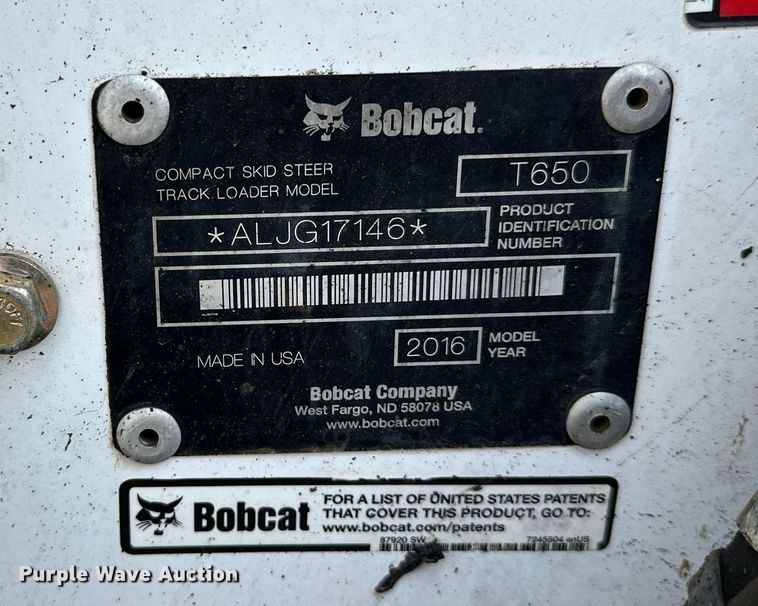 image for item MQ9334 2016 Bobcat T650  skid steer loader