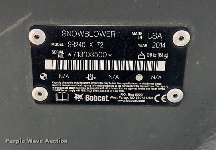 image for item MQ9382 2014 Bobcat SB240X 72  skid steer snow blower
