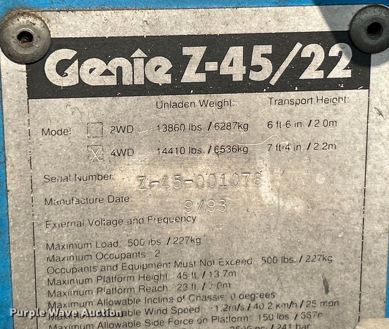 image for item NL9553 1993 Genie Z-45/22  boom lift