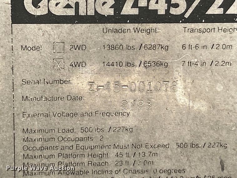 image for item NL9553 1993 Genie Z-45/22  boom lift