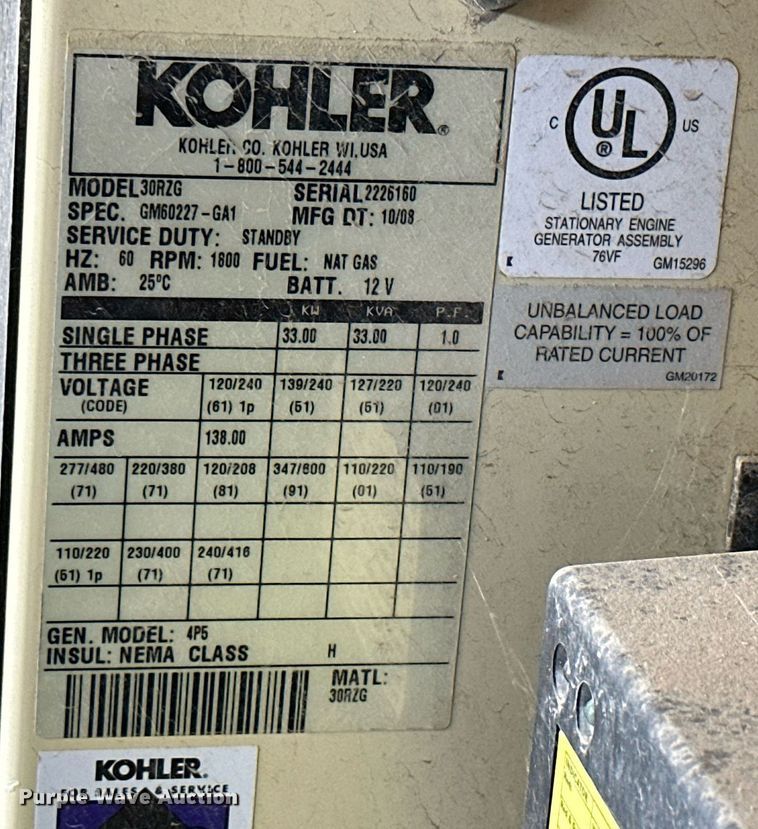 image for item NP9476 2008 Kohler 30RZG  generator
