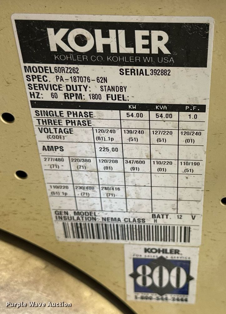 image for item NP9480 Kohler 60RZ262  generator