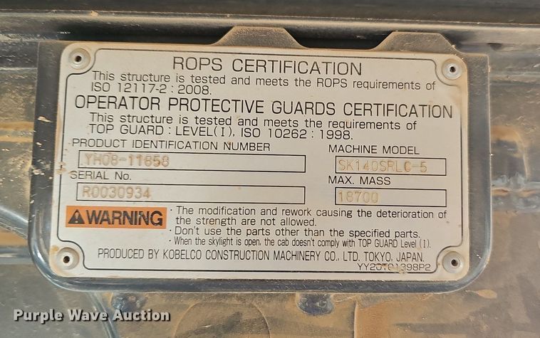 image for item NT9967 2018 Kobelco SK140SRLC-5  excavator
