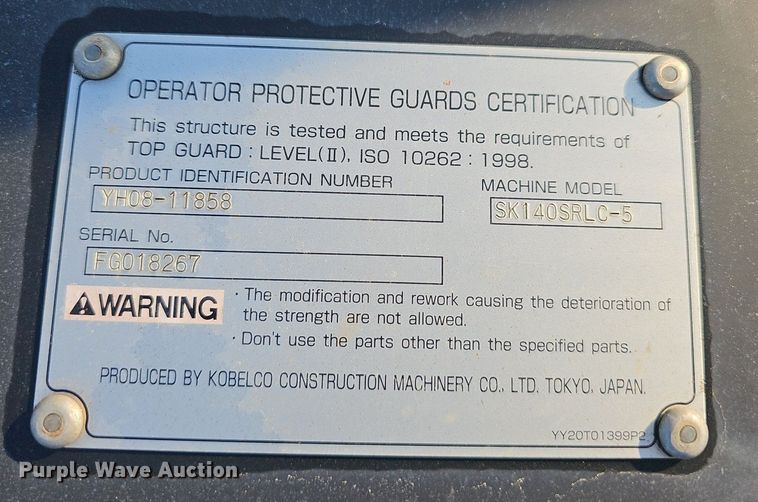 image for item NT9967 2018 Kobelco SK140SRLC-5  excavator