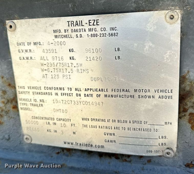 image for item OC9189 2000 Dakota Trail-EZE  drop deck equipment trailer