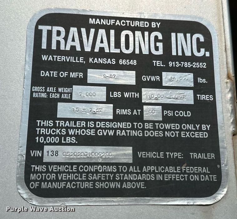 image for item DS7141 1988 Travalong  livestock trailer