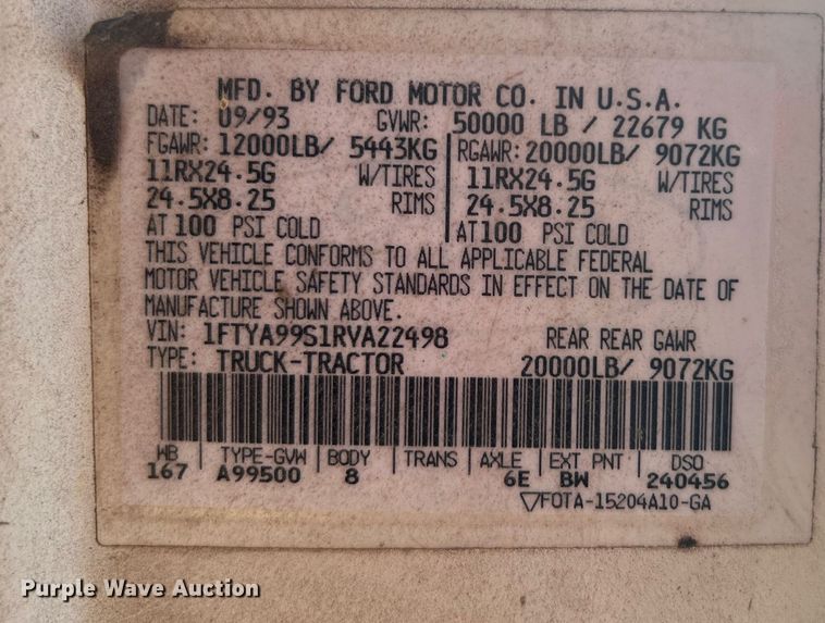 image for item DJ6311 1994 Ford LTLS9000  semi truck