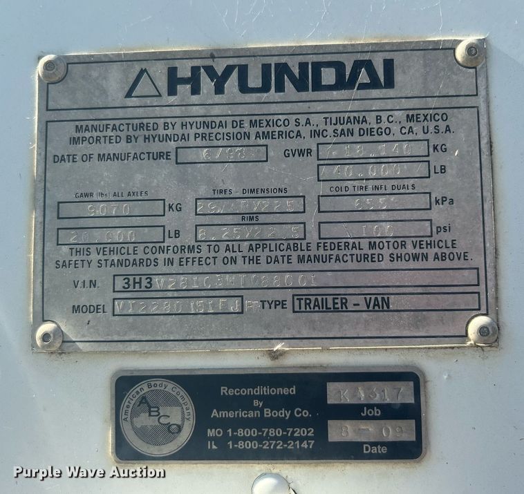 image for item DJ6327 1998 Hyundai VI2280151FJPR  dry van trailer