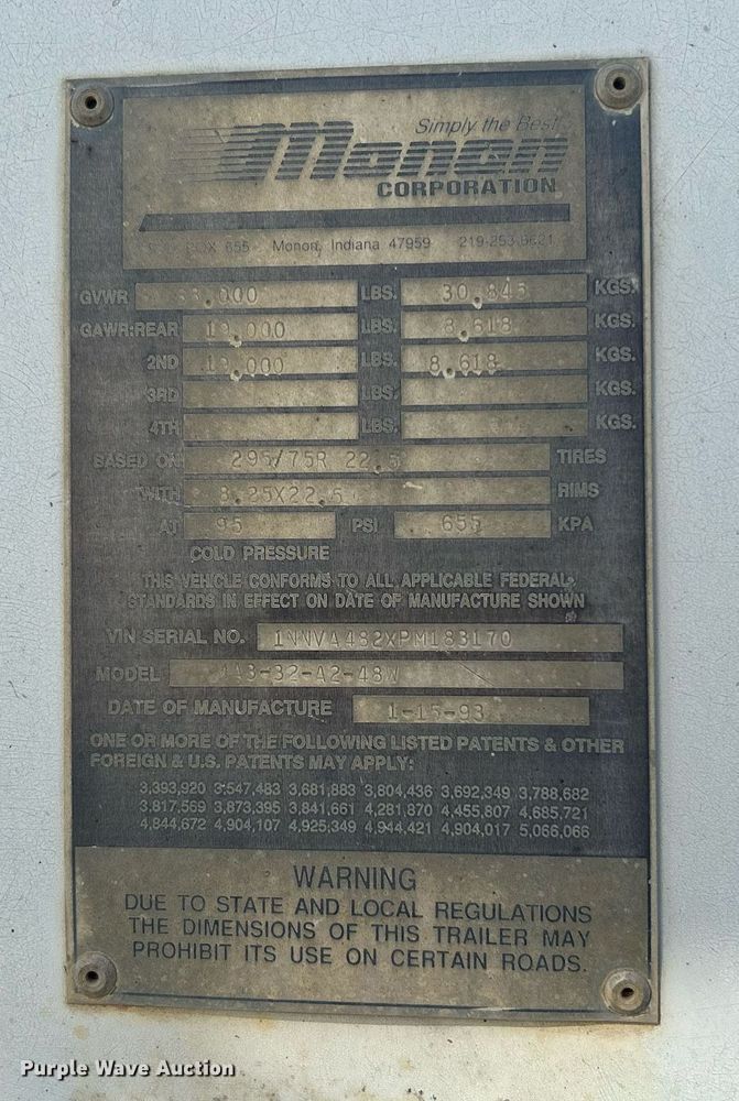 image for item DJ6329 1993 Monon Corporation 1A3-32-A2-48W  dry van trailer