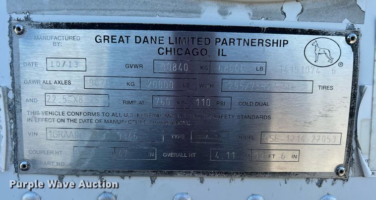 image for item KW9104 2014 Great Dane CSE-1214-22053  dry van trailer