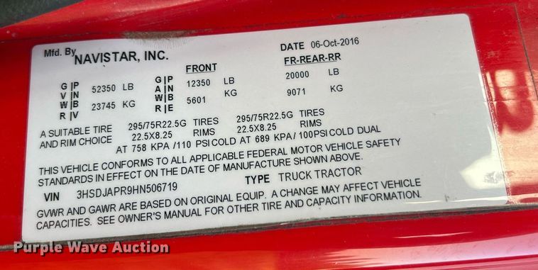 image for item NA9141 2017 International ProStar+ 122  semi truck