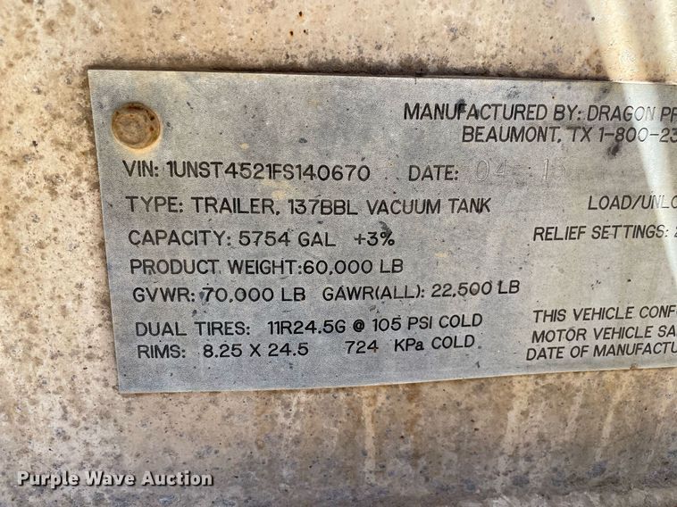 image for item NT9517 2015 Dragon  vacuum trailer