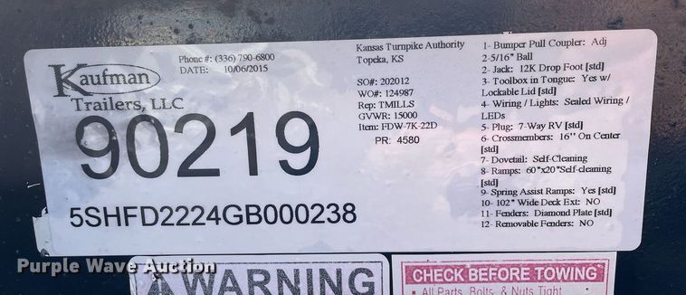 image for item DN8697 2016 Kaufman equipment trailer