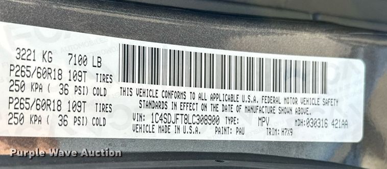 image for item NF9031 2020 Dodge Durango SSV  SUV