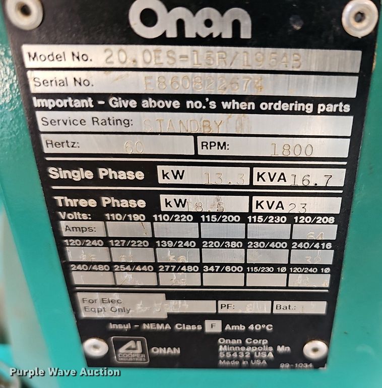 image for item NU9224 Onan 20.0 generator