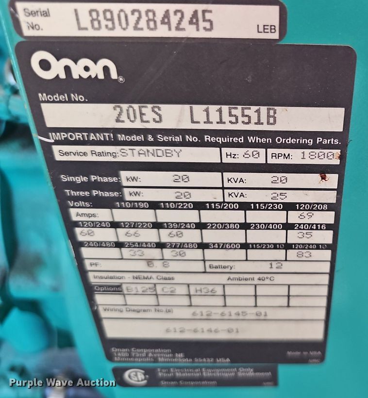 image for item NU9225 Onan 20 generator