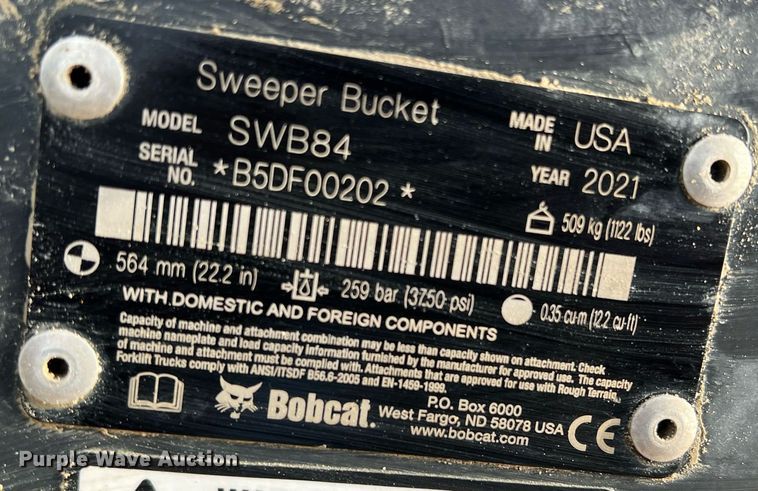 image for item DN3149 2021 Bobcat SWB84  skid steer sweeper