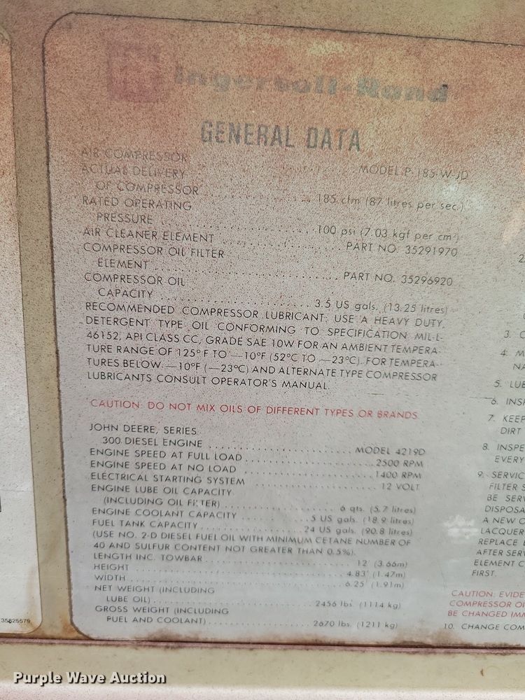 image for item DN4116 Ingersoll Rand P185WJD  air compressor