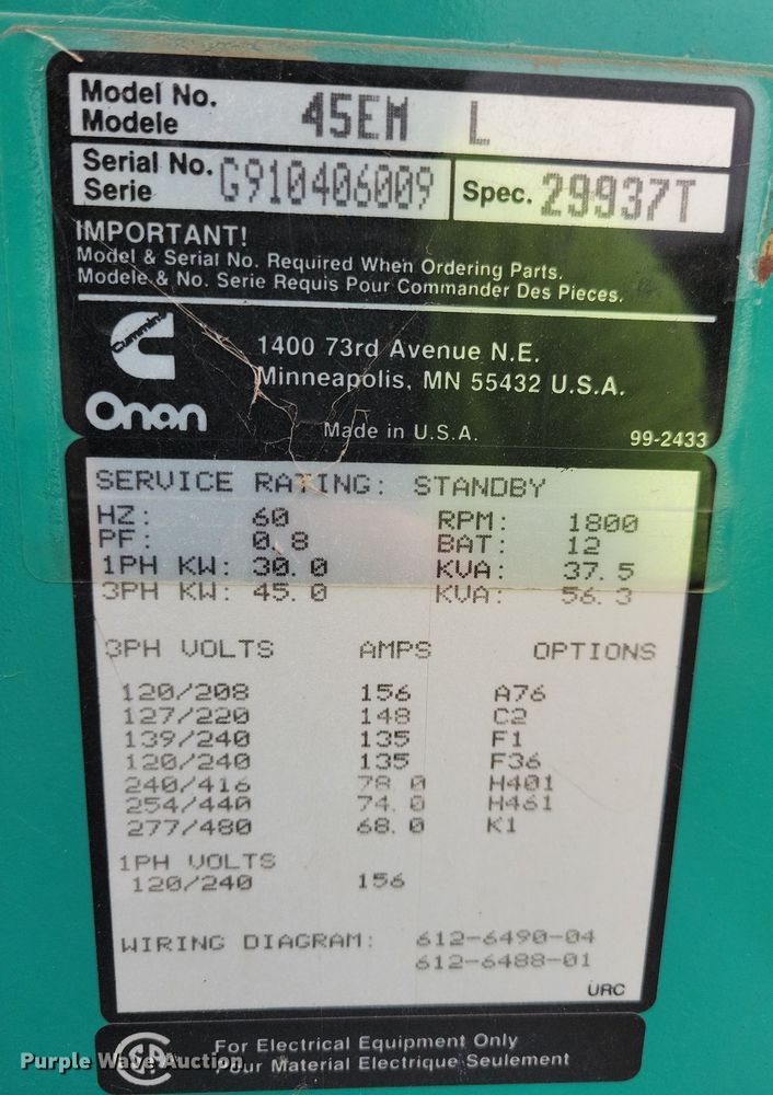 image for item DN4121 Cummins Onan 45EM L  generator